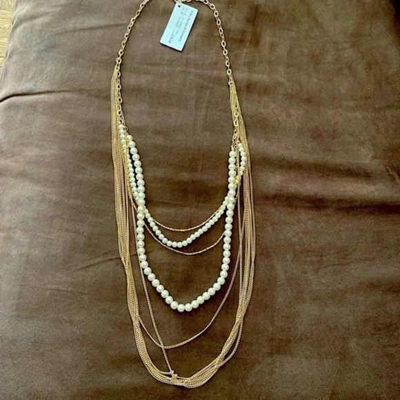 NWT Multi Strand Gold Plated and Pearl layered necklace - Picture 1 of 6